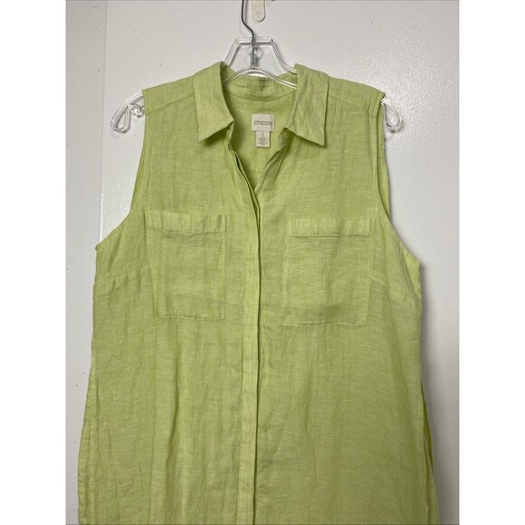 Chico's Button Up Tunic Shirt Size 1 Green 100% Linen Sleeveless Longline Slit - Picture 3 of 12
